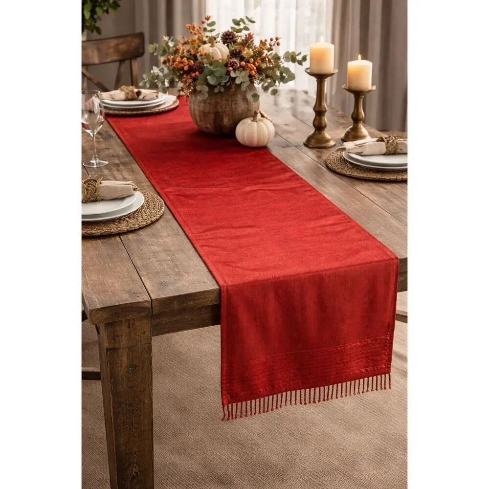 HOME ESSENTIALS Bead Fringe Table Runner Burgundy Maroon Red 68” Length